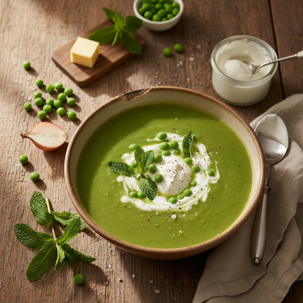 Ärtsoppa med spearmint och crème fraiche