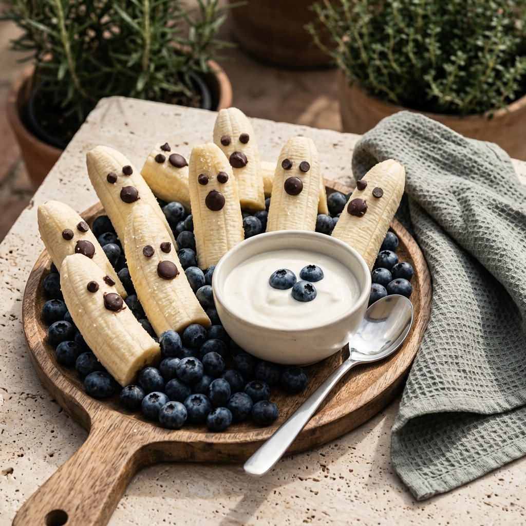 Banan-spöken med chokladögon och vaniljyoghurtdipp