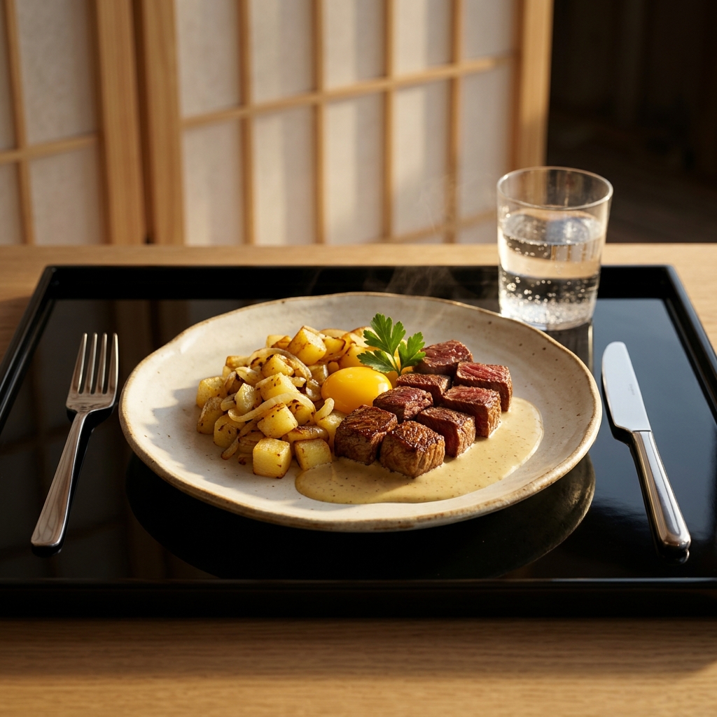Biff Rydberg med oxfilé, äggula, stekt potatis och senapsgrädde