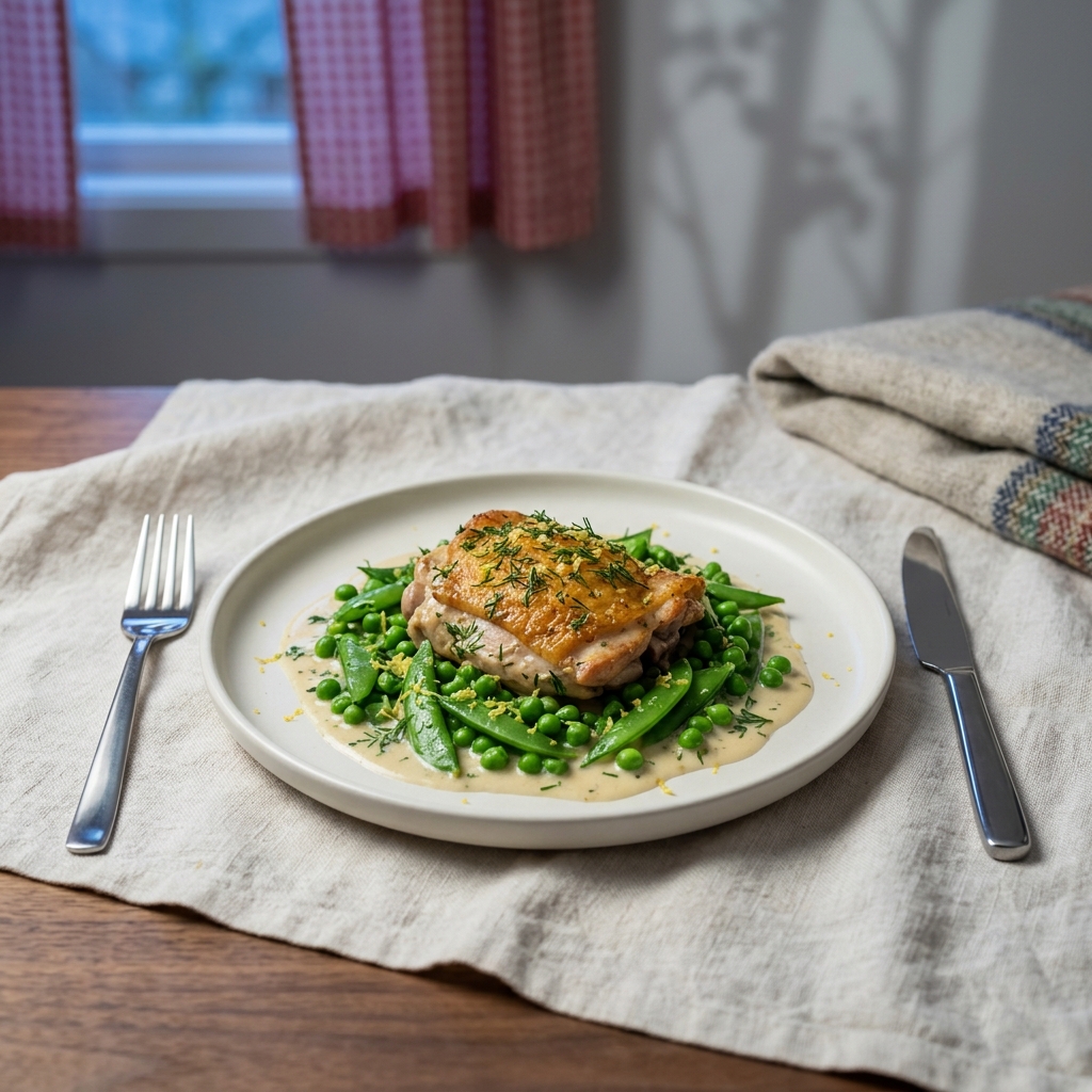 Bräserad citronkyckling med vårärter och dill