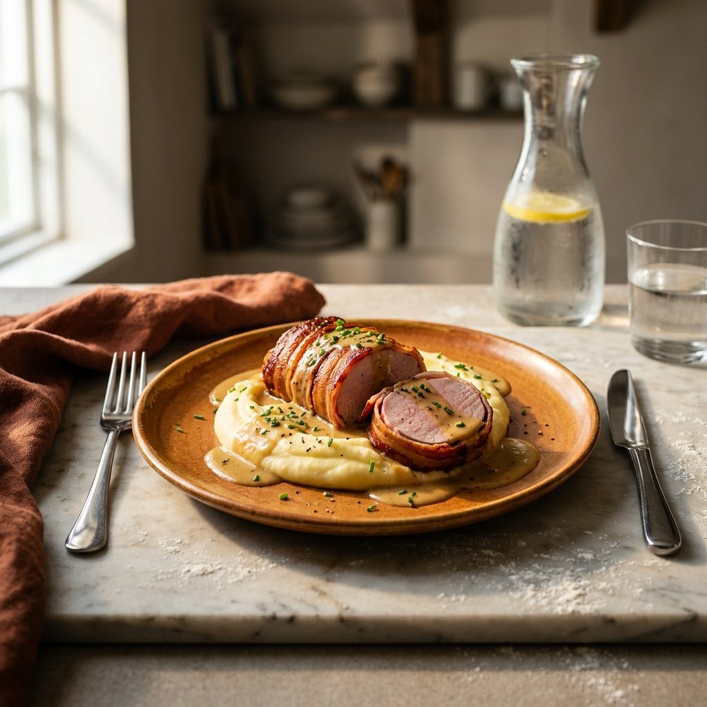 Baconlindad fläskytterfilé med dijonsås och smörig potatispuré