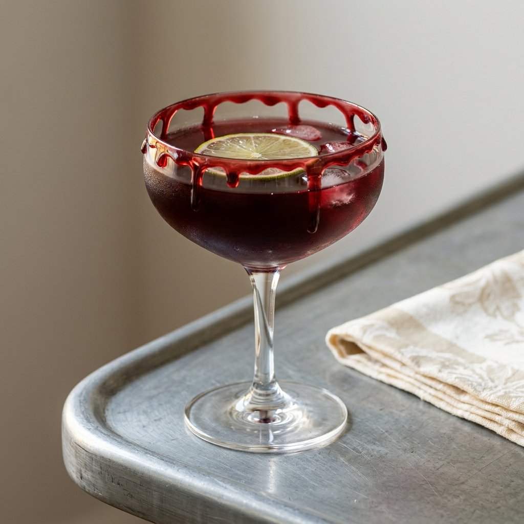 Blodröd granatäpplecocktail med tranbär, lime och grenadinedroppar