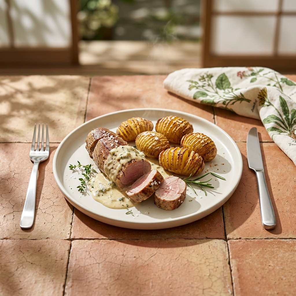Fläskfilé med gorgonzolasås och krispig hasselbackspotatis