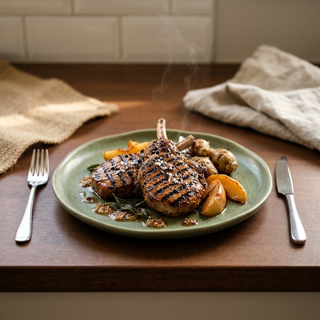 Grillade vildsvinskotletter med salvia- och senapssmör, glödgrillade äpplen och jordärtskockor