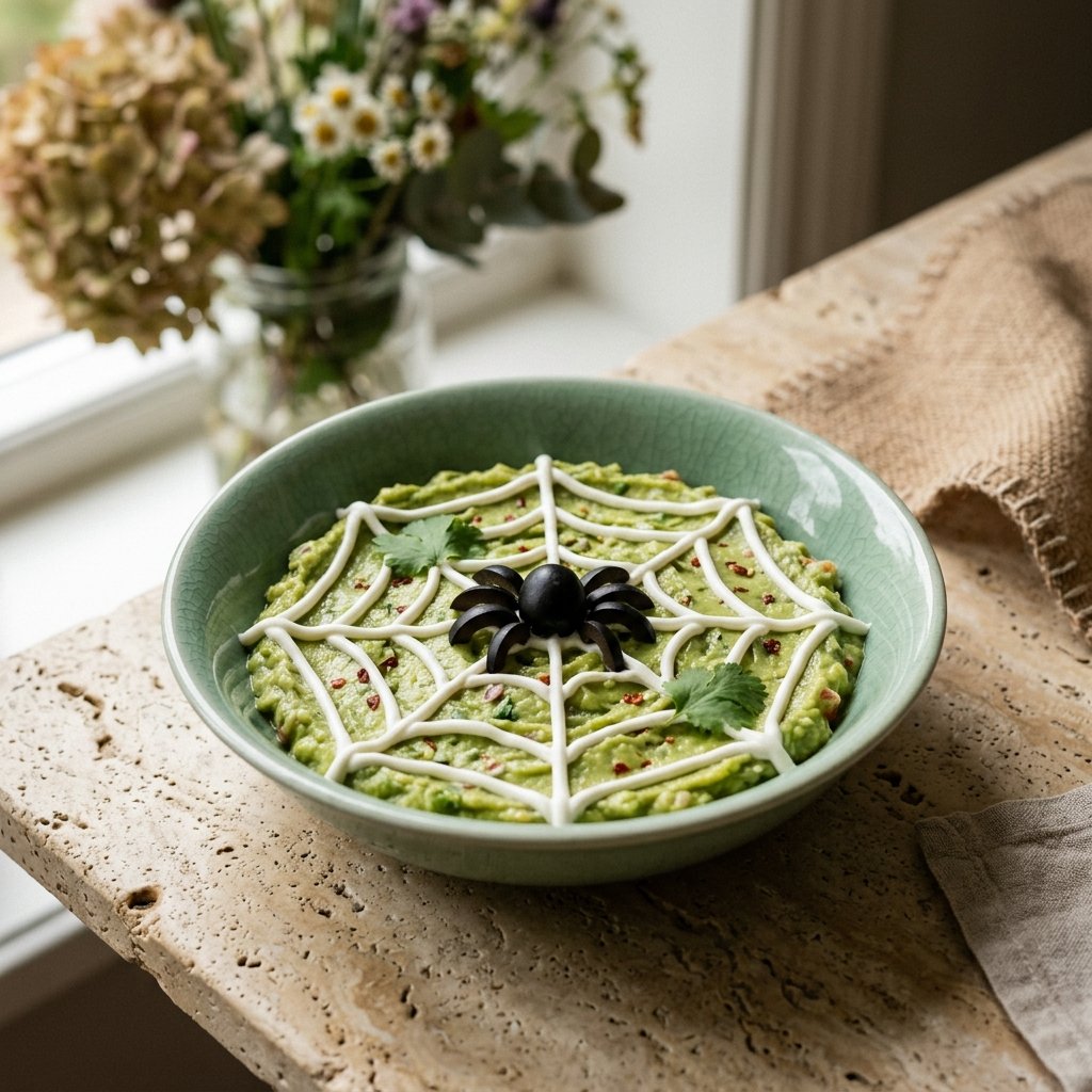Halloween-guacamole med spindelnät av crème fraîche och olivspindel