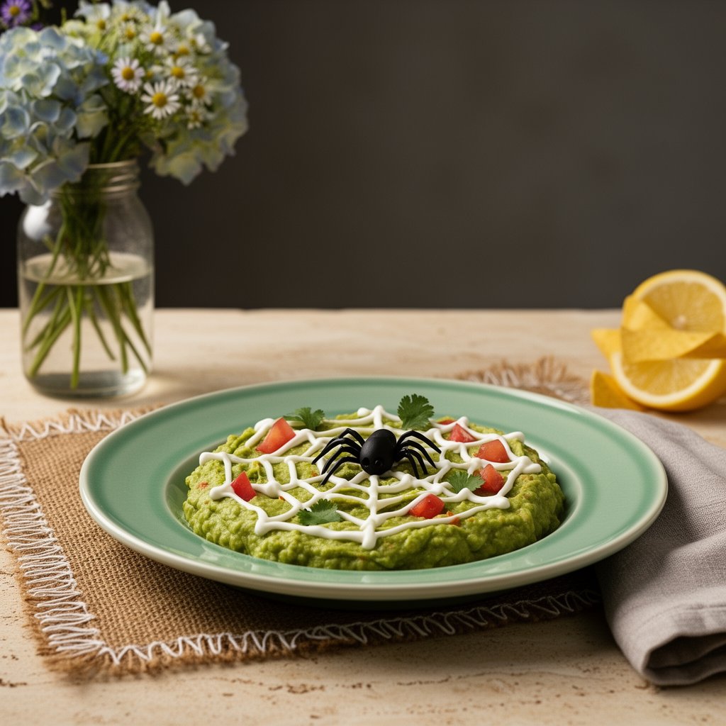 Halloween-guacamole med spindelnät av crème fraîche och olivspindel