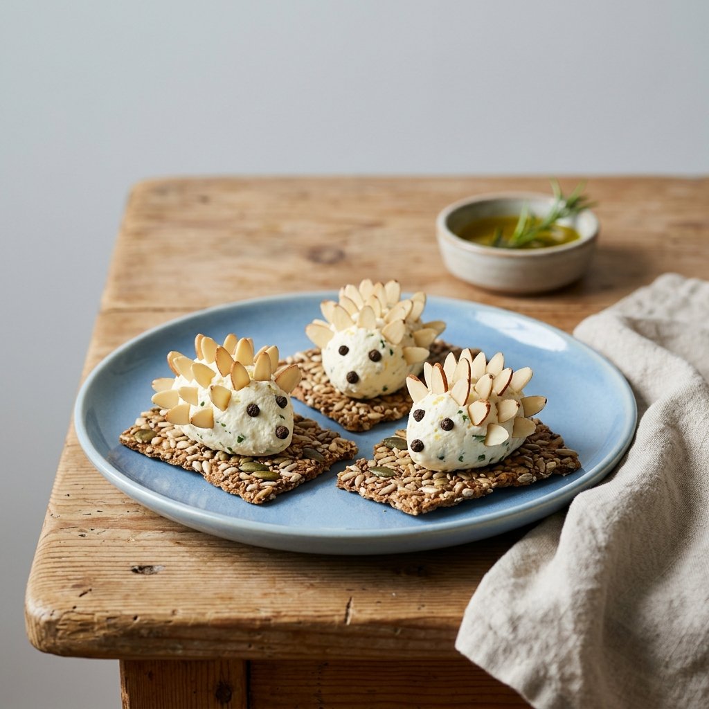 Halloween-igelkottar av färskost och chèvre med mandeltaggar på fröknäcke