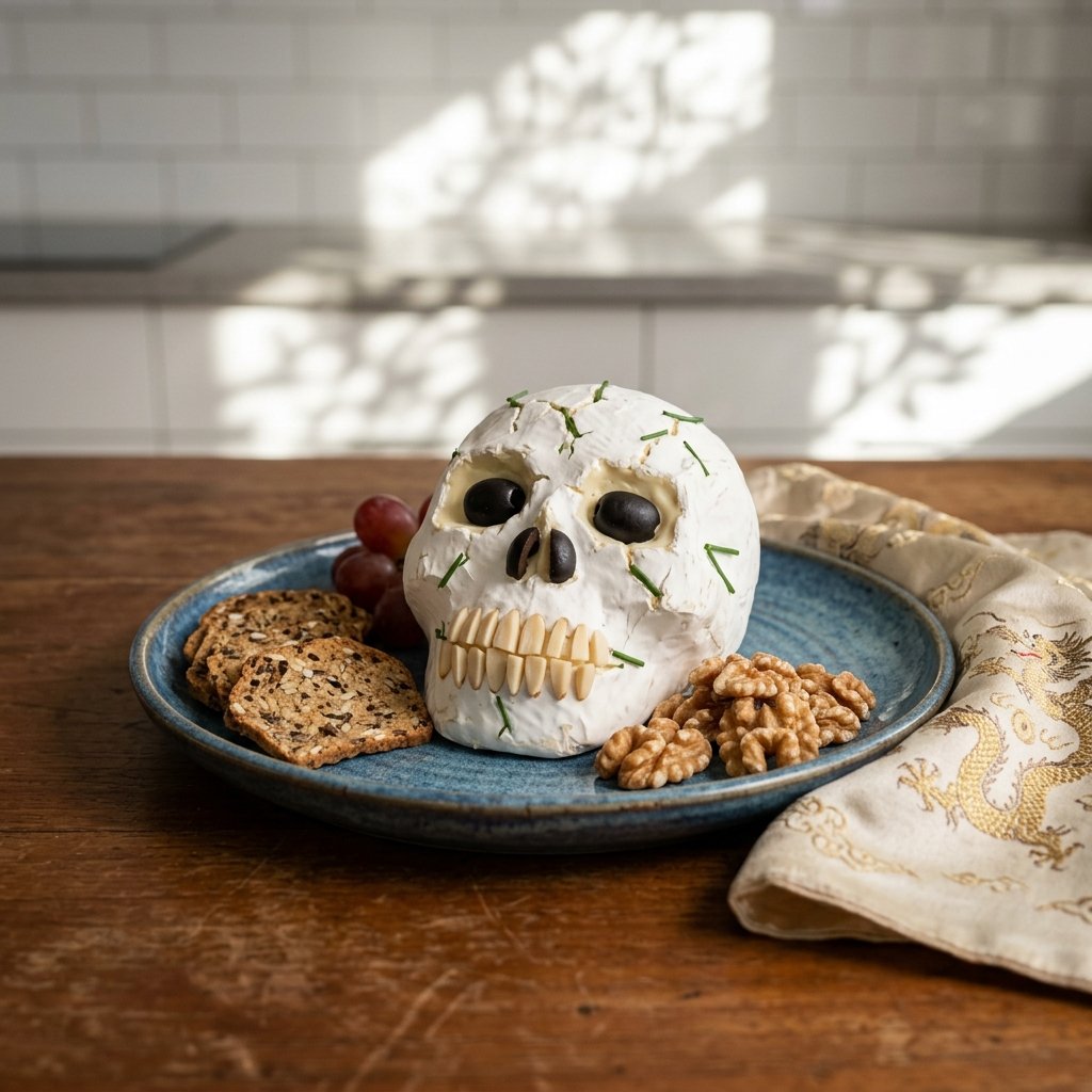 Halloween-skalle av brie med olivögon, mandeltänder och kex