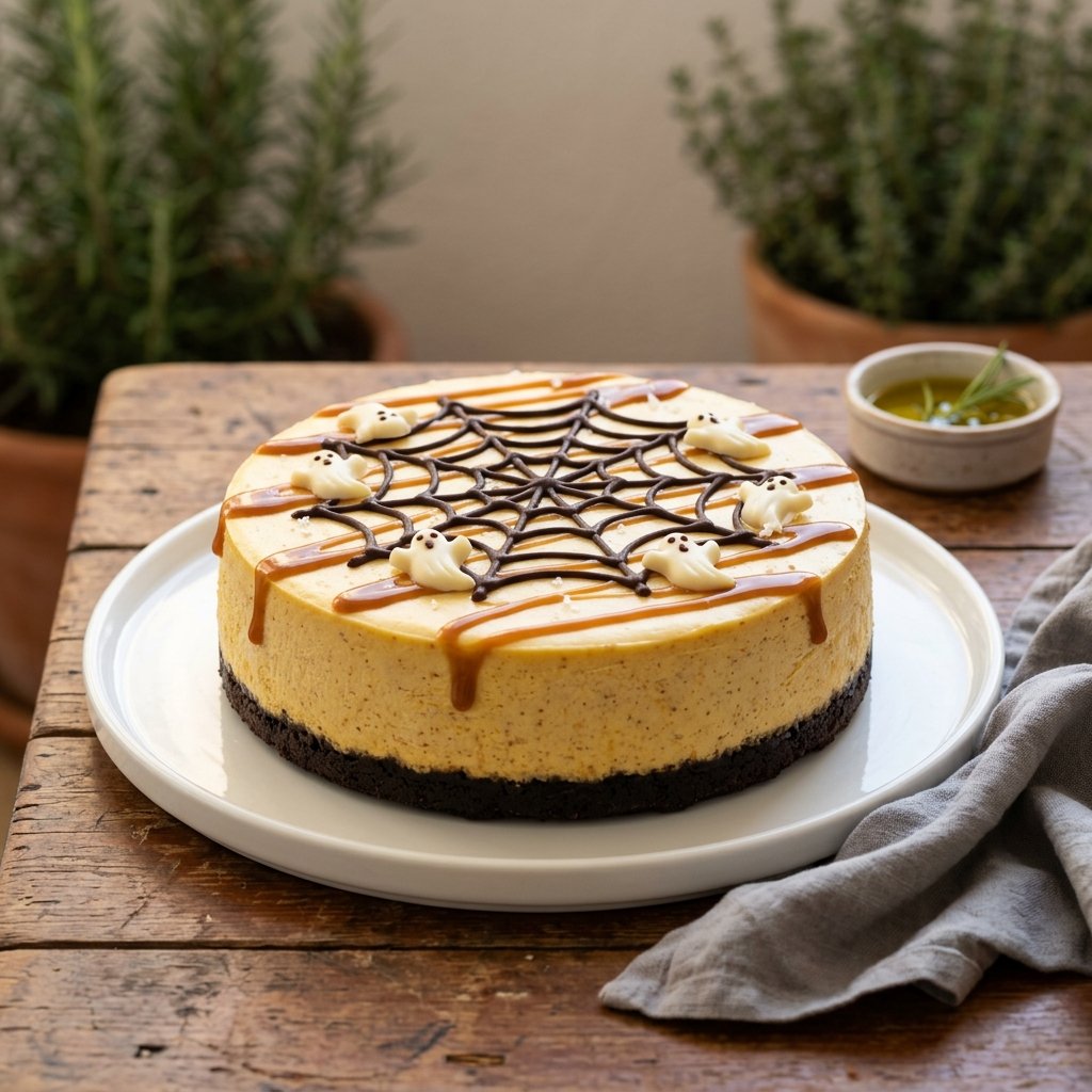 Halloweencheesecake med pumpa, kolasås och spindelnät i choklad