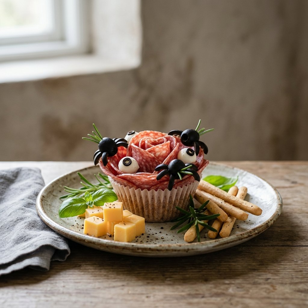 Halloweenrosor av Salami i Muffinsform med Mozzarellaögon och Olivspindlar