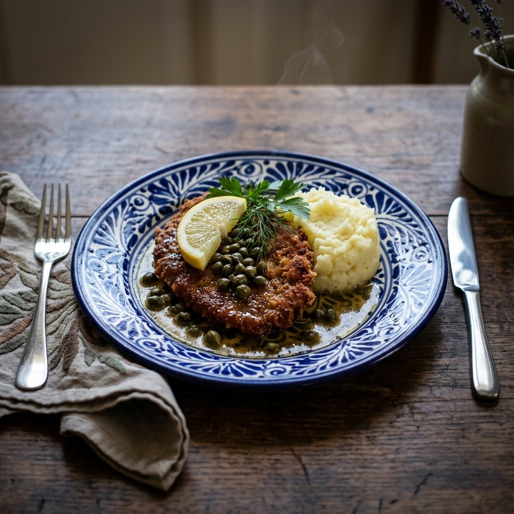 Kalvschnitzel med citron, kapris och pressad potatis