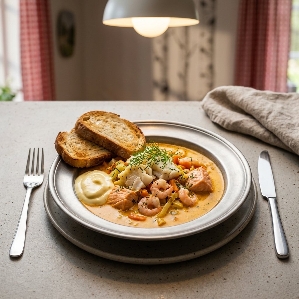 Krämig fisk- och skaldjursgryta med saffran, tomat och hemlagad aioli
