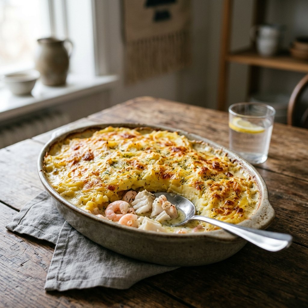 Krämig fiskgratäng med torsk, räkor och dill under gratinerat potatislock