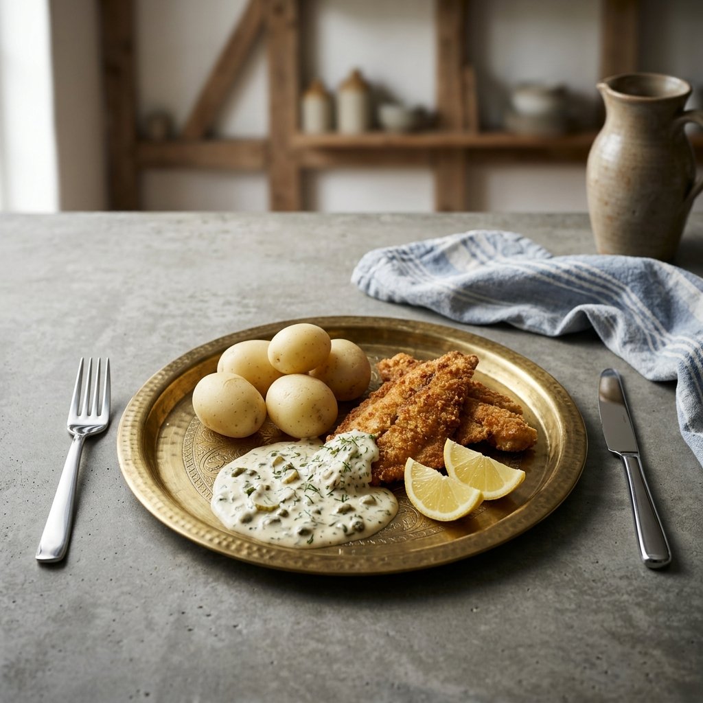 Krispig panerad rödspätta med hemgjord remouladsås, citron och kokt potatis