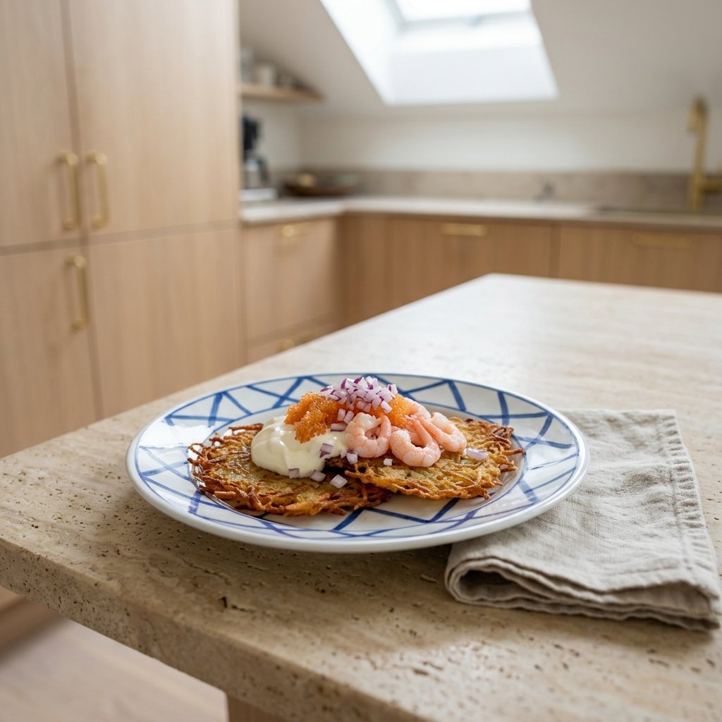 Krispiga rårakor med Kalix löjrom, citroncrème fraîche och ishackad rödlök