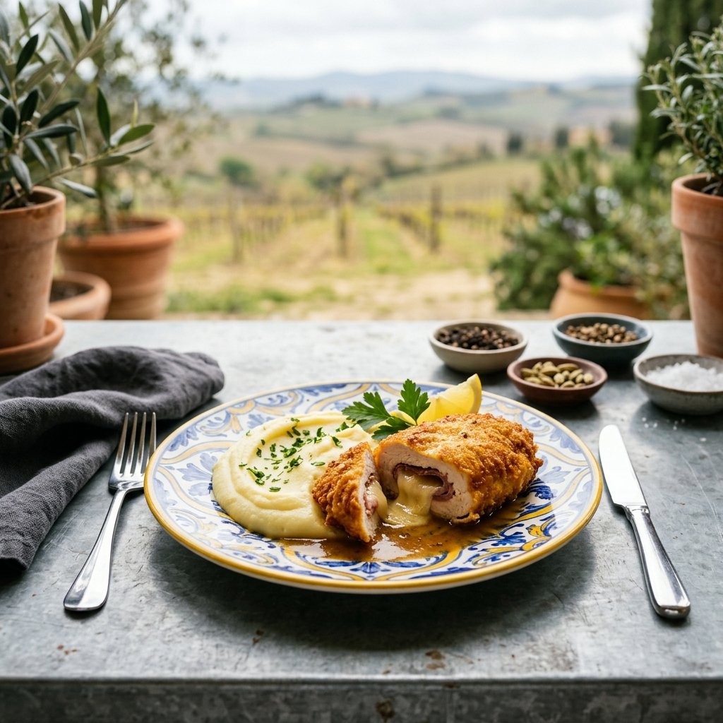 Kyckling cordon bleu med gruyère, rökt skinka och smörig potatispuré