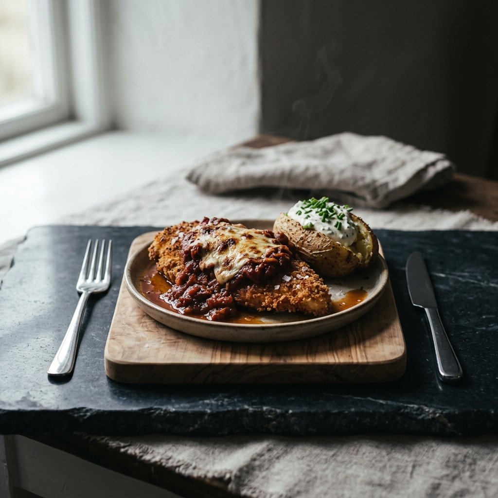 Kycklingparmesan med krispig panering, mustig tomatsås och bakad potatis med gräslökscrème