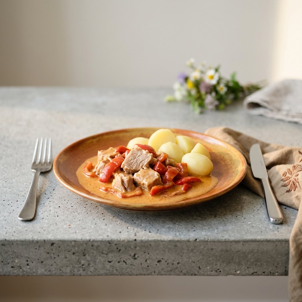 Långkokt fläskgulasch med röd paprika och gräddsås