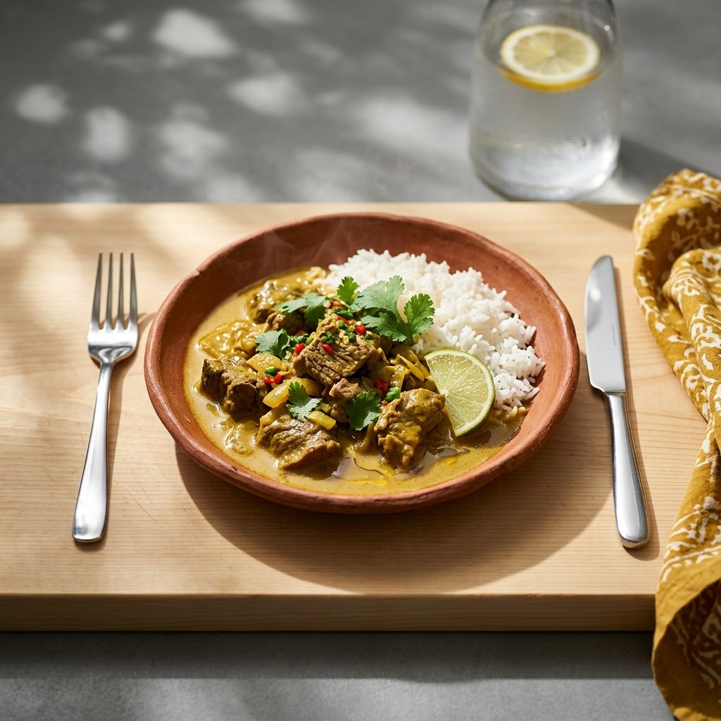 Långkokt nötcurry med kokosmjölk, ingefära och lime