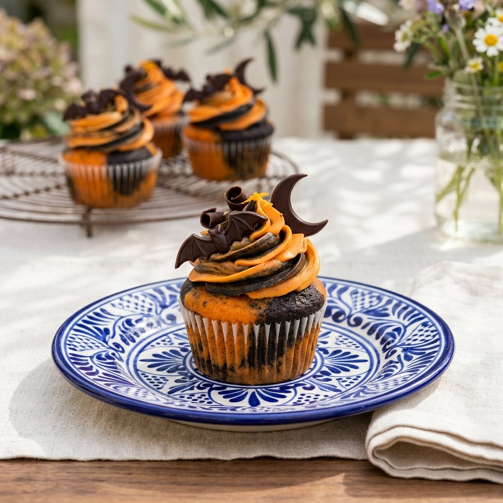 Marmorerade halloweencupcakes med apelsin och svart kakao