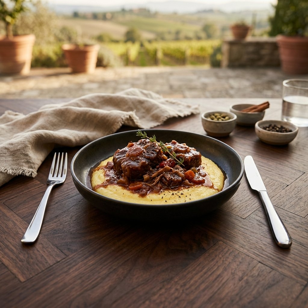 Mustig oxsvansragu med rödvin och tomat på krämig polenta