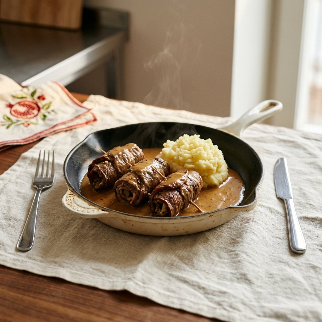 Oxrulader med saltgurka och bacon, gräddsås och pressad potatis