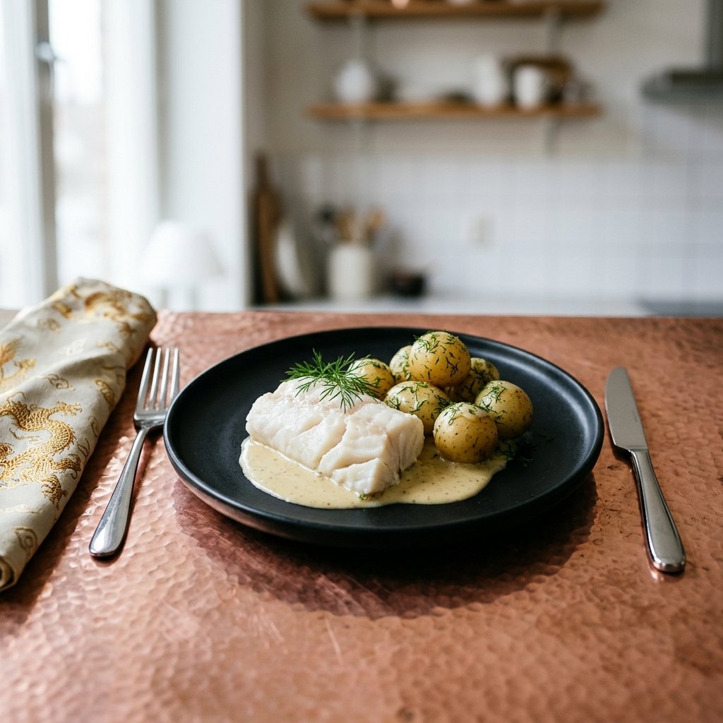 Pocherad torsk med senapssås och dillslungad färskpotatis