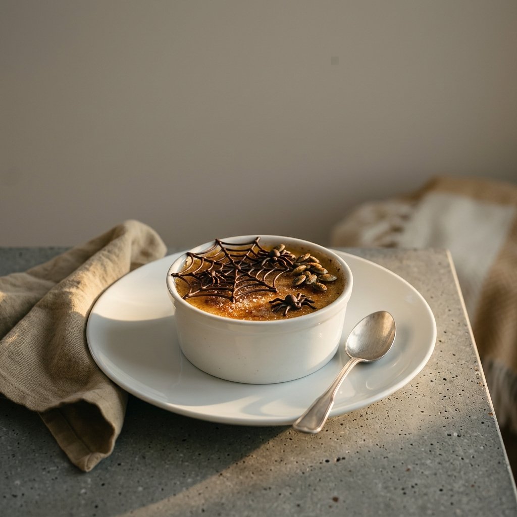 Pumpa-crème brûlée med knäckig sockertopp, chokladspindelnät och karamelliserade pumpafrön
