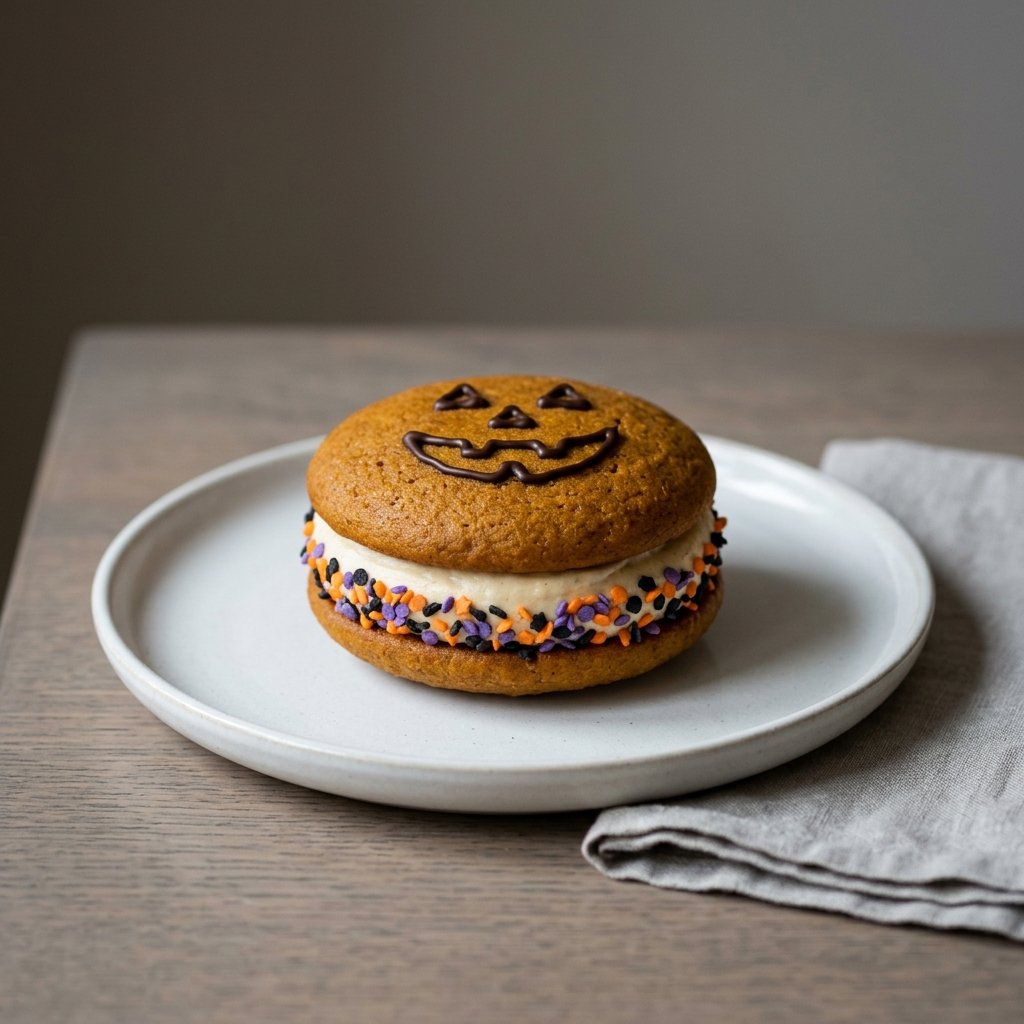 Pumpa-whoopie pies med färskostfyllning och pumpaansikten