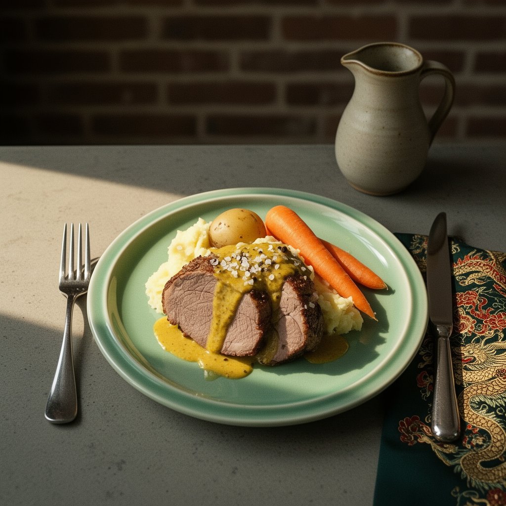 Rimmad fläsklägg med rotmos, brynt smör och senapsglaze