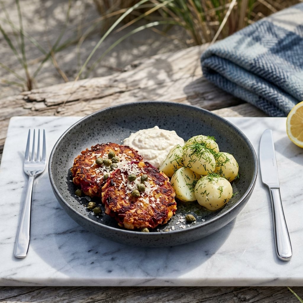 Rödbetsbiffar med pepparrotscrème och dillsmörad potatis