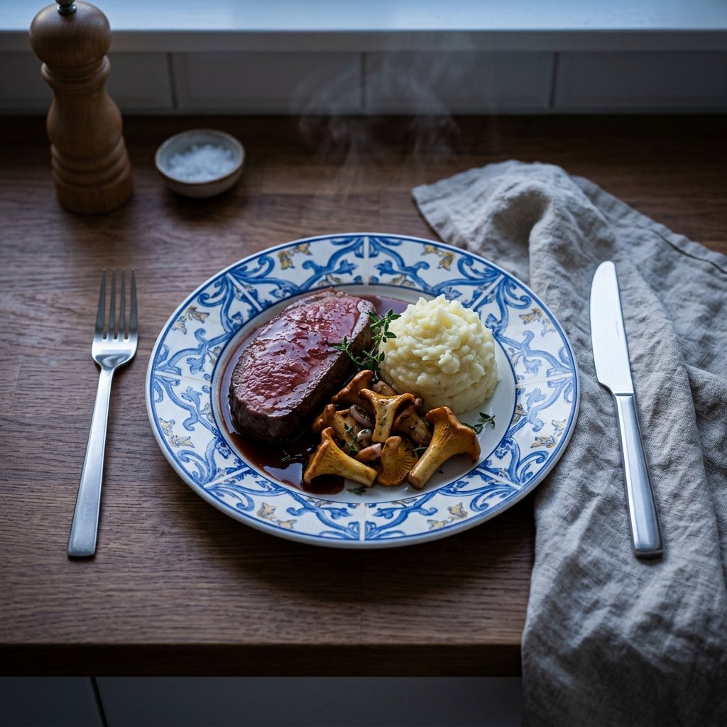 Ryggbiff med rödvinssky, smörfrästa kantareller och pressad potatis