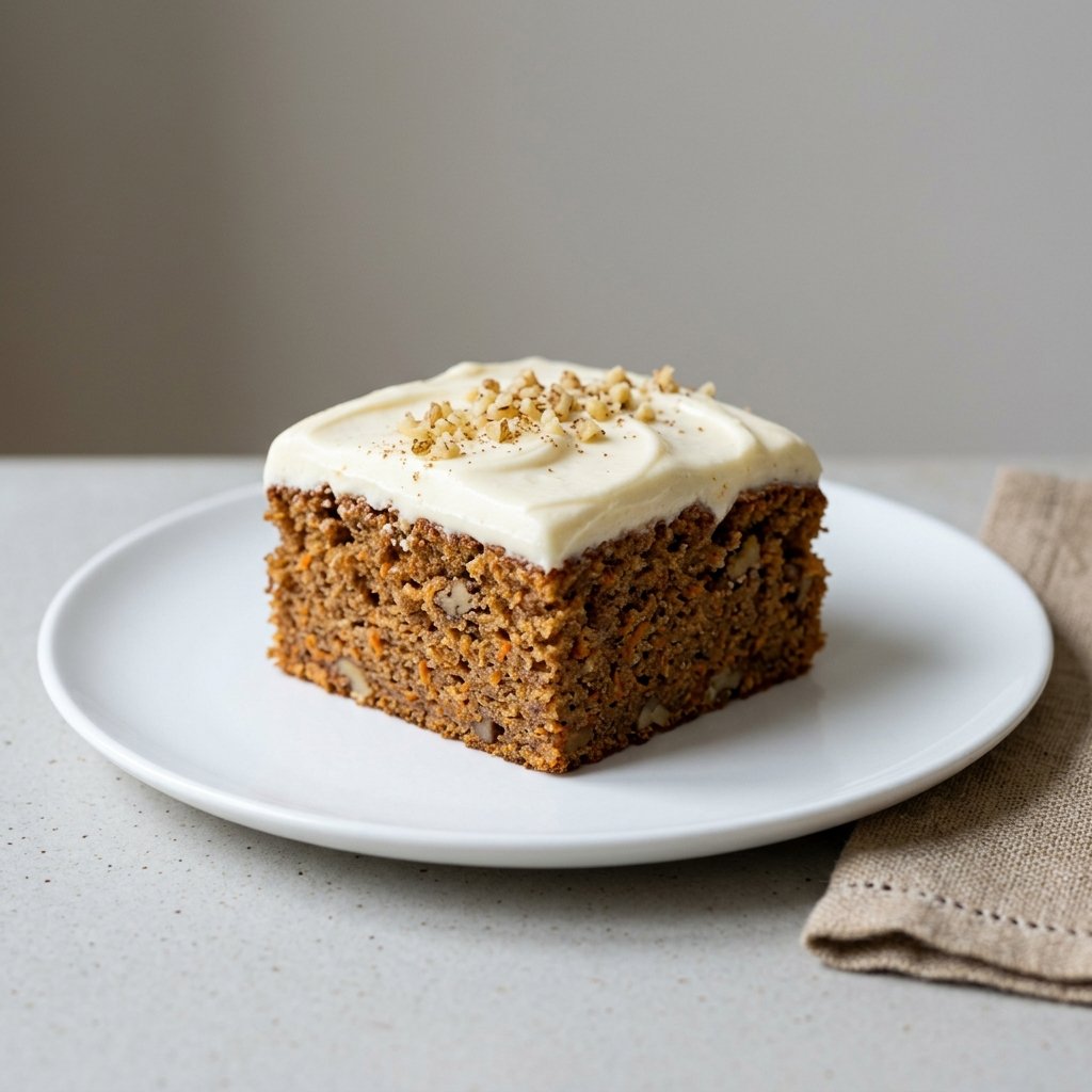 Saftig morotskaka i långpanna – skuren i fyrkantiga bitar med cream cheese-frosting