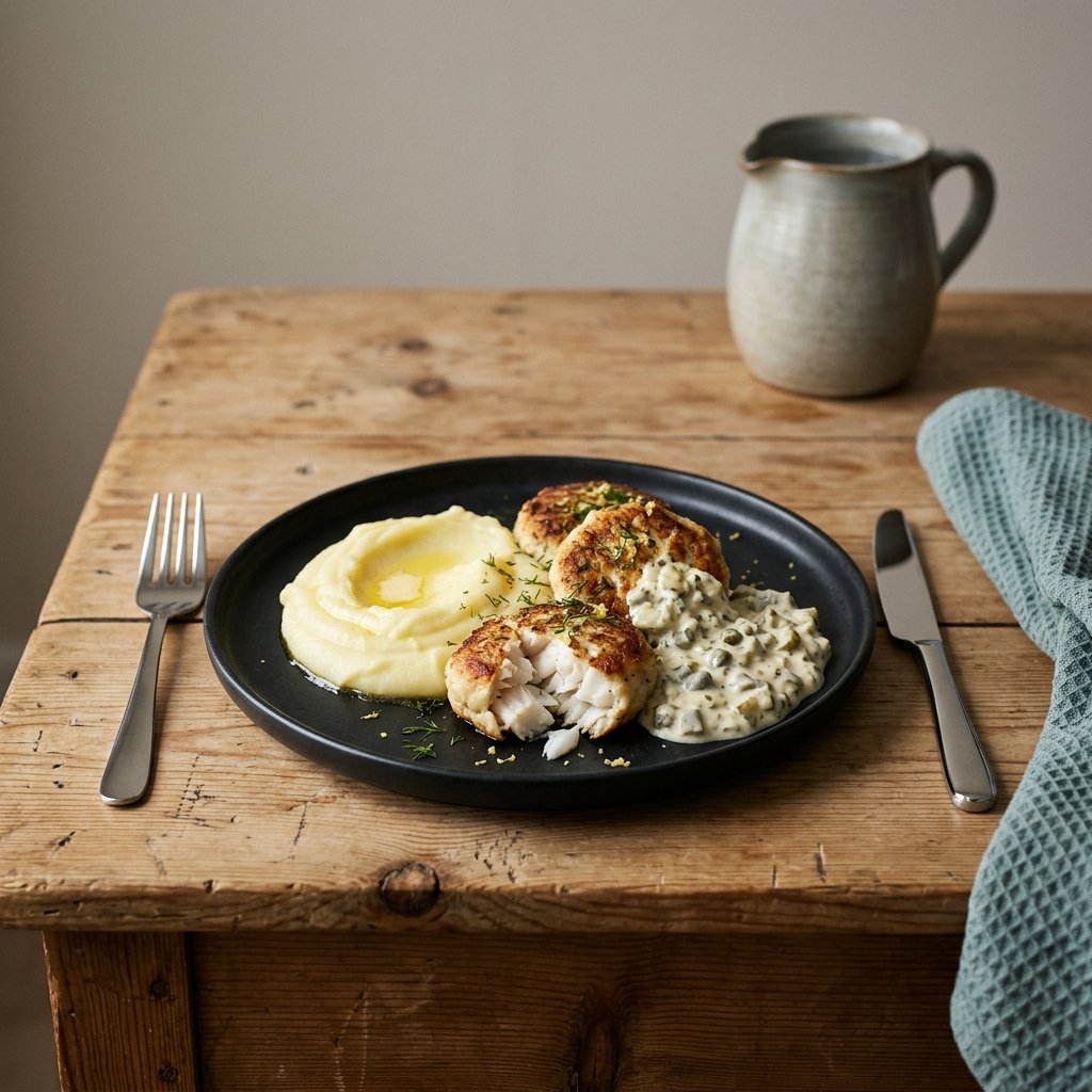 Saftiga torskbiffar med hemlagad remouladsås och smörig potatispuré
