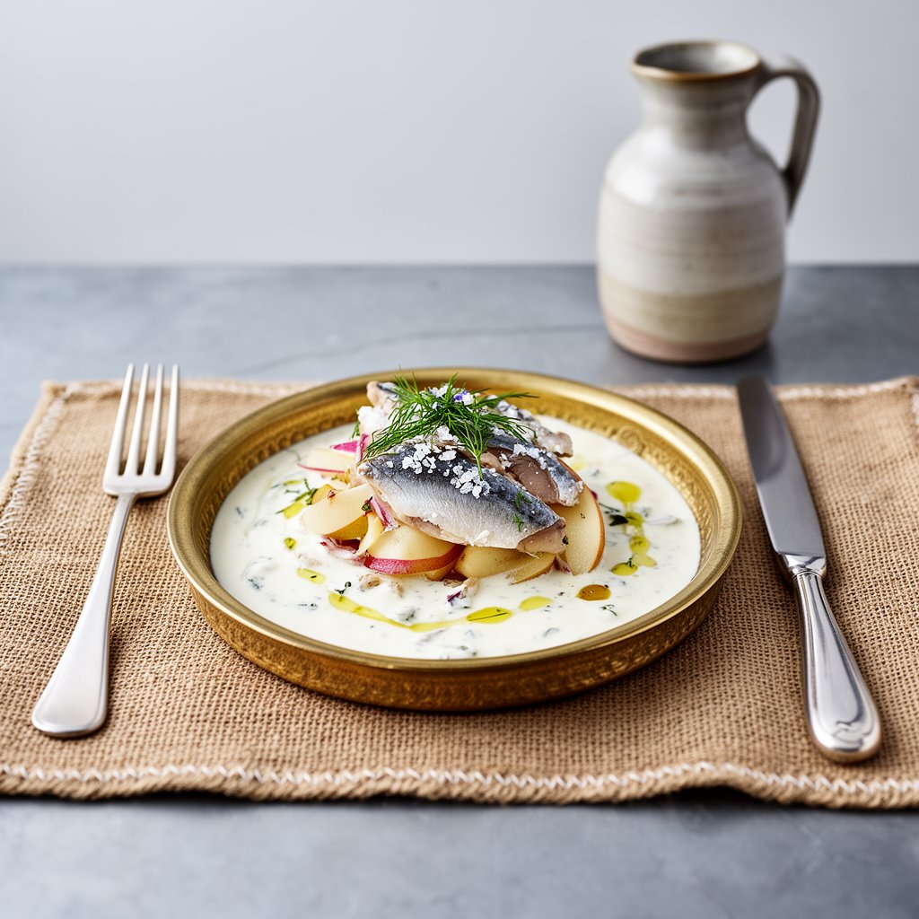 Senapssill med Krispigt Äpple och Dillcrème på Smörrostad Kavring