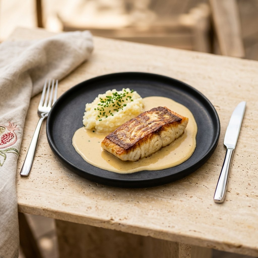Smörstekt hälleflundra med champagnesås och pressad potatis
