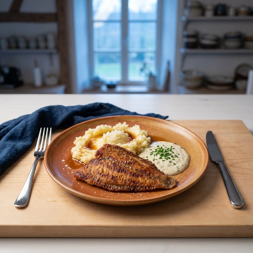 Smörstekt panerad rödspätta med kaprisremoulad, pressad potatis och brynt smör