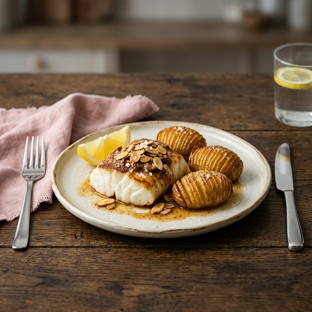 Smörstekt torskrygg med brynt mandelsmör, citron och hasselbackspotatis