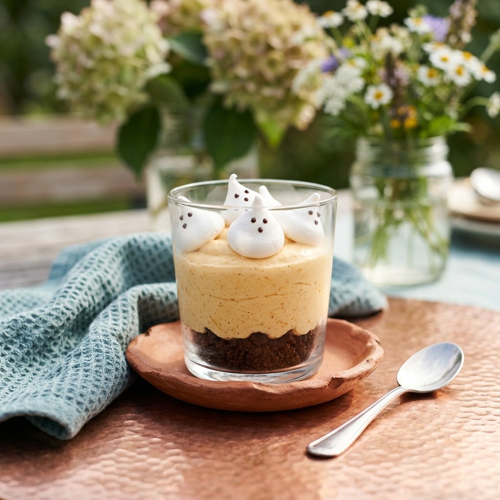 Spökig pumpamousse i glas med apelsin, vit choklad och marängspöken