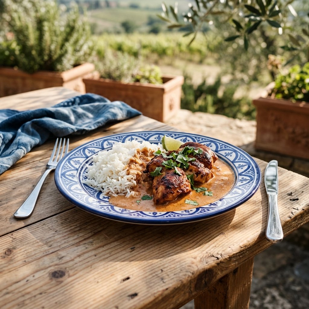 Ugnsbakad kycklingfilé i tikka masala-sås med basmatiris