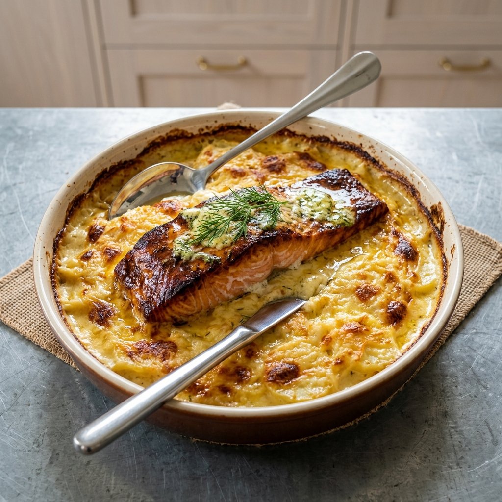 Ugnsbakad laxfilé med citron- och dillsmör och krämig potatisgratäng