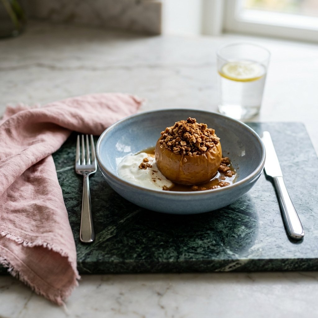 Ugnsbakade höstäpplen med brynt smör, havrecrunch och vaniljkvarg