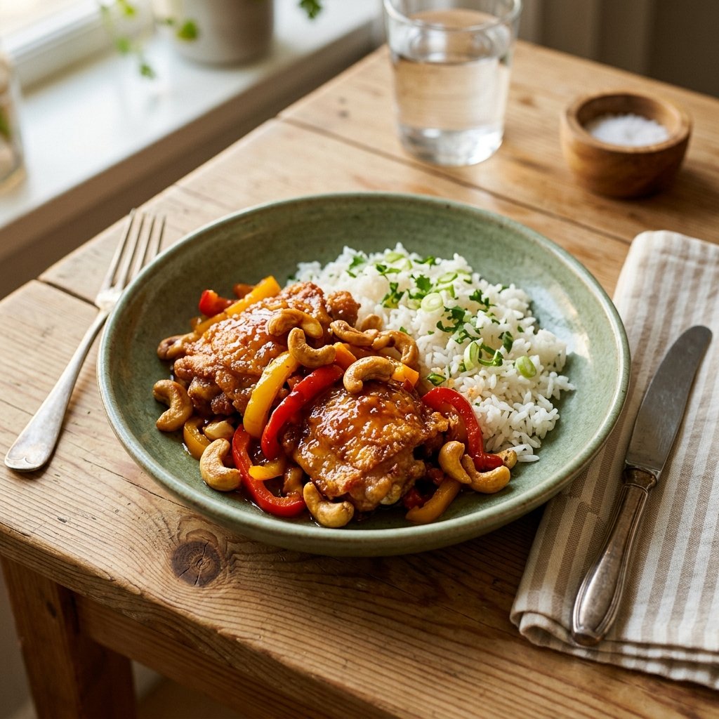 Klibbig aprikoskyckling med cashew och paprika