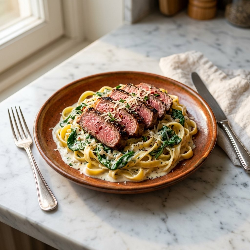 Krämig biffpasta med vitlöksost och spenat