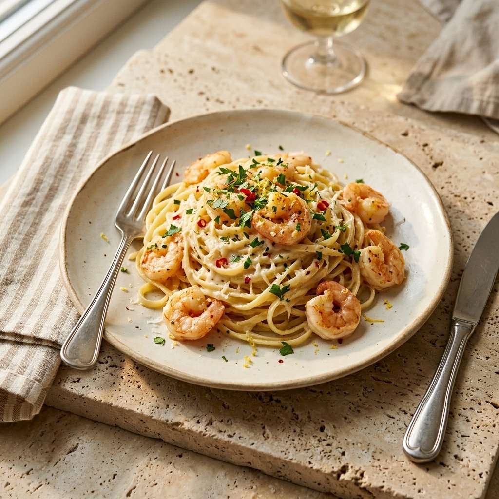 Krämig chili- och citronpasta med räkor