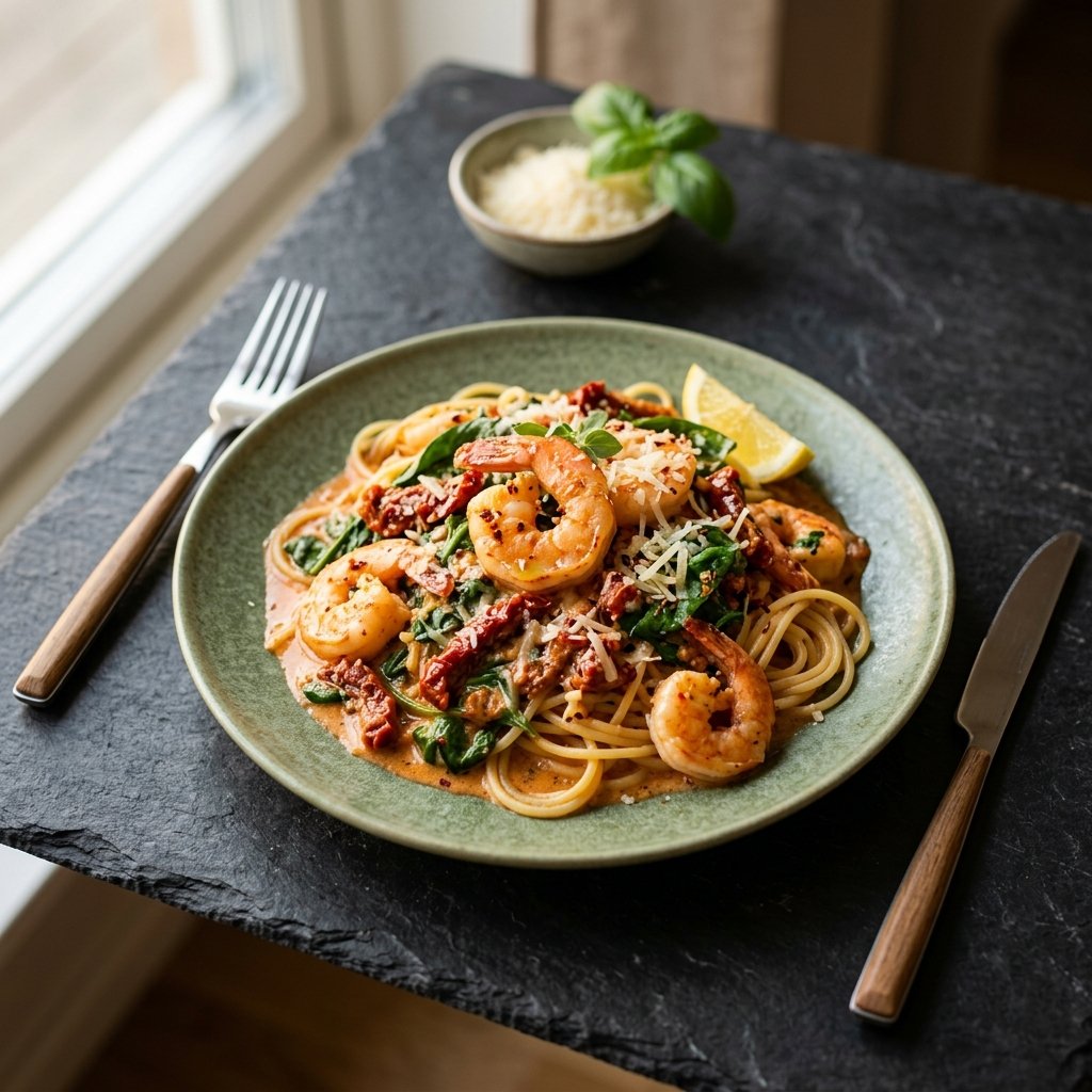 Krämiga räkor med soltorkade tomater och spenat