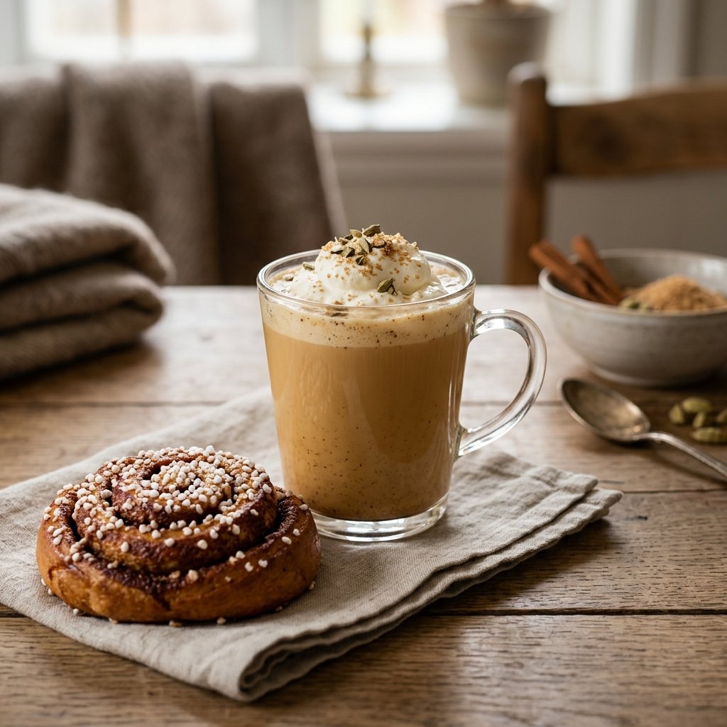 Varm kanelbullemjölk med brynt smör, farinsocker och rostad kardemumma