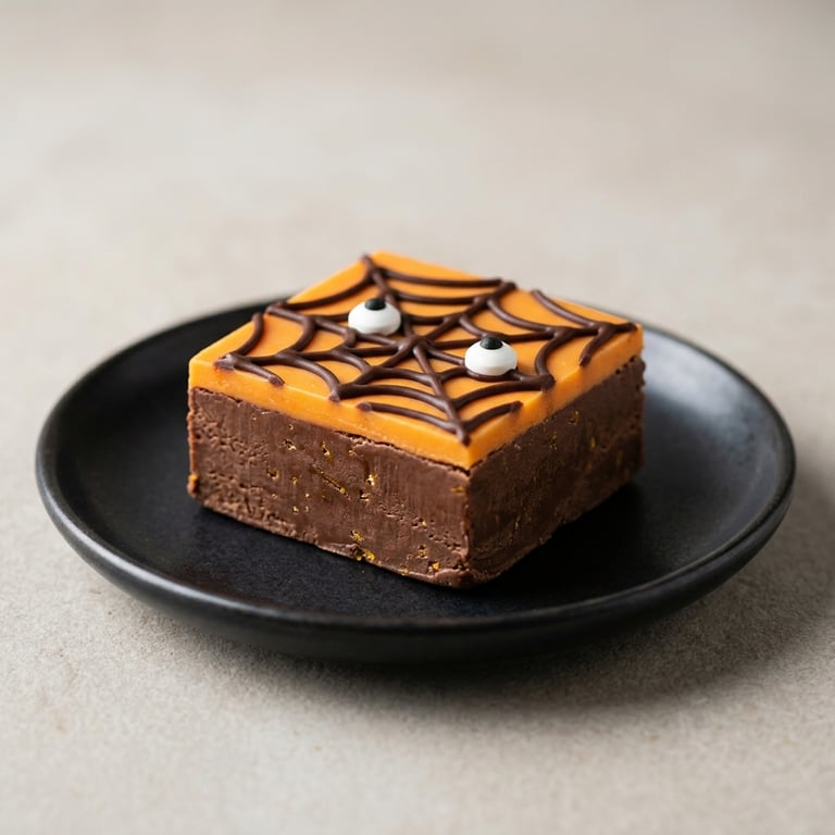 Apelsin- och chokladfudge med spindelnät och sockerögon