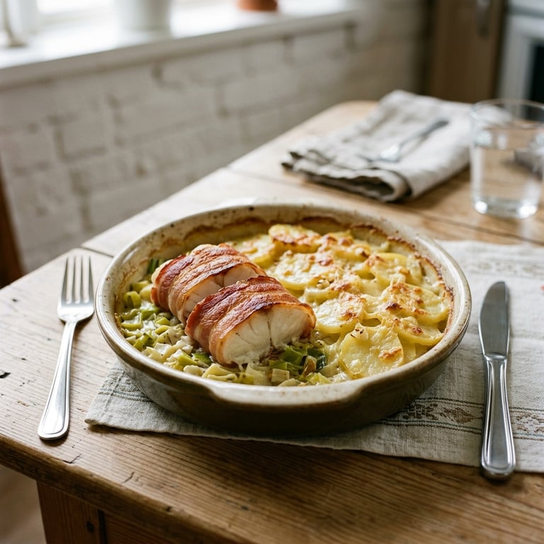 Baconlindad torskrygg på gräddig purjolök med vitt vin och krämig potatisgratäng
