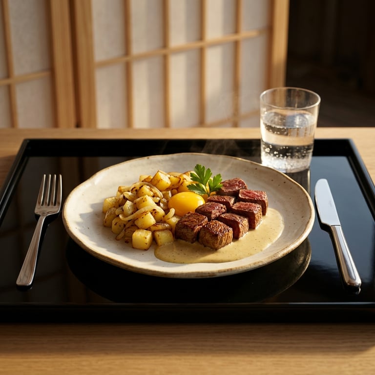 Biff Rydberg med oxfilé, äggula, stekt potatis och senapsgrädde